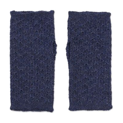 Alternate image for Patterned 100 Baby Alpaca Fingerless Mitts from Peru Passionate Pattern in Indigo
