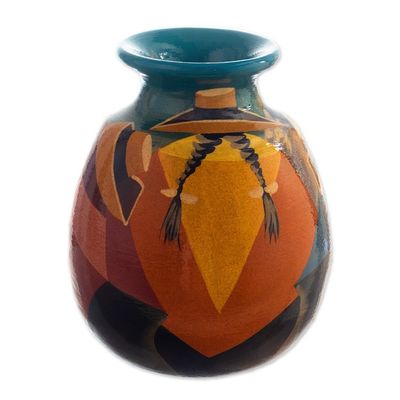 Alternate image for Ceramic Decorative Vase with Hand-Painted Andean Motifs Andean Braids in Blue