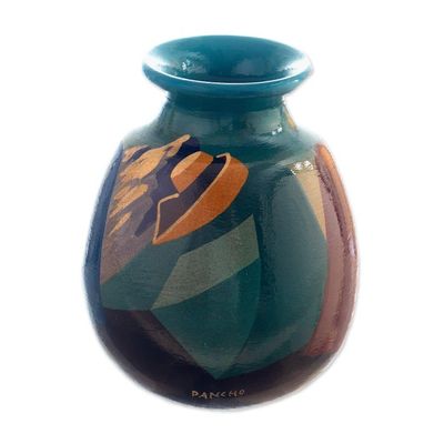 Alternate image for Ceramic Decorative Vase with Hand-Painted Andean Motifs Andean Braids in Blue