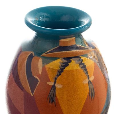 Alternate image for Ceramic Decorative Vase with Hand-Painted Andean Motifs Andean Braids in Blue