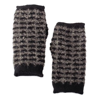 Alternate image for Square-Pattern Black and Grey Alpaca Blend Fingerless Mitts Night Squares