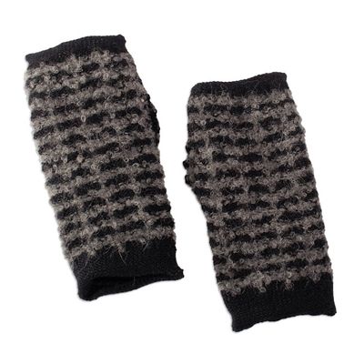 Alternate image for Square-Pattern Black and Grey Alpaca Blend Fingerless Mitts Night Squares