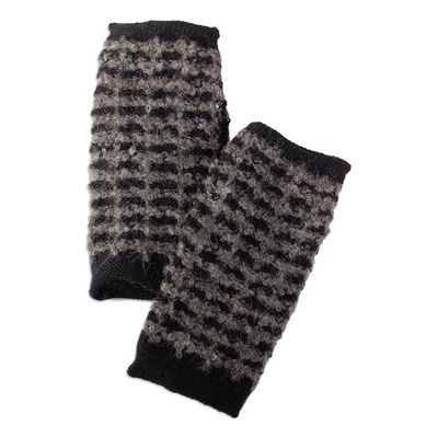 Alternate image for Square-Pattern Black and Grey Alpaca Blend Fingerless Mitts Night Squares