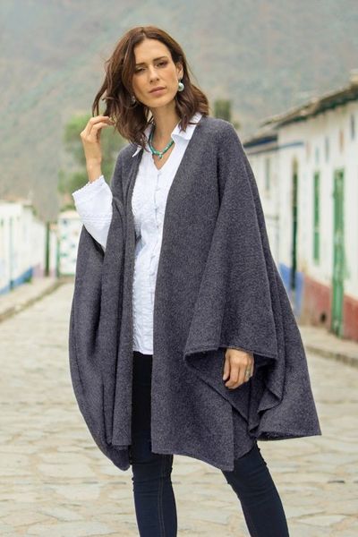 Alternate image for Knit Alpaca Blend Ruana with Textured Crochet Finish in Blue Steel Blue