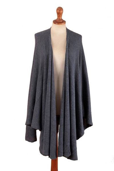 Alternate image for Knit Alpaca Blend Ruana with Textured Crochet Finish in Blue Steel Blue