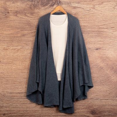 Alternate image for Knit Alpaca Blend Ruana with Textured Crochet Finish in Blue Steel Blue