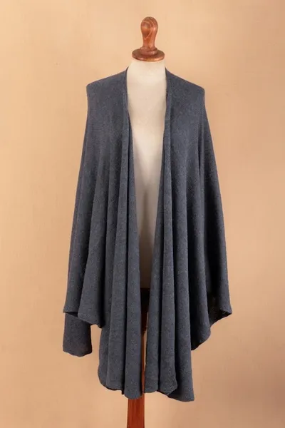 Alternate image for Knit Alpaca Blend Ruana with Textured Crochet Finish in Blue Steel Blue