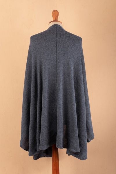 Alternate image for Knit Alpaca Blend Ruana with Textured Crochet Finish in Blue Steel Blue