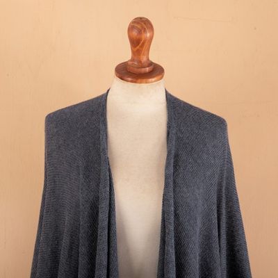 Alternate image for Knit Alpaca Blend Ruana with Textured Crochet Finish in Blue Steel Blue