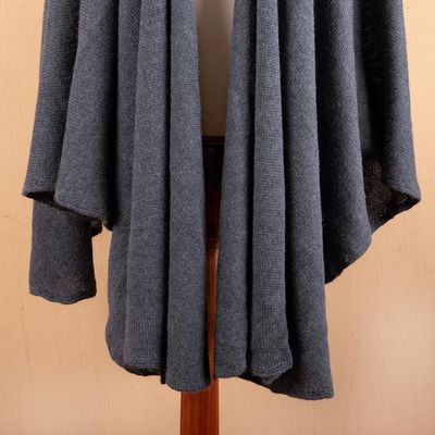 Alternate image for Knit Alpaca Blend Ruana with Textured Crochet Finish in Blue Steel Blue