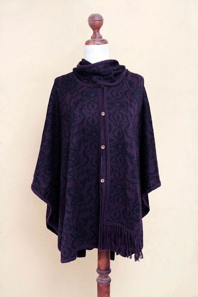 Alternate image for Peruvian Alpaca Blend Purple Ruana Cloak with Scarf Aubergine Arabesques