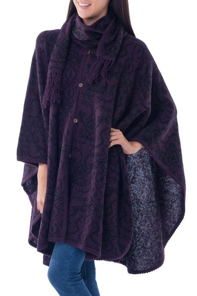 Alternate image for Peruvian Alpaca Blend Purple Ruana Cloak with Scarf Aubergine Arabesques