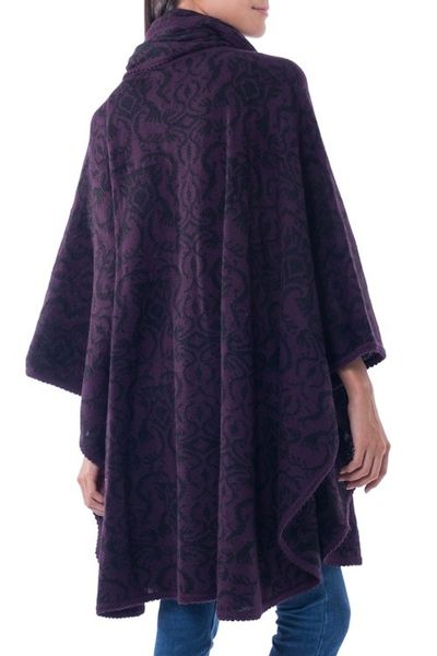 Alternate image for Peruvian Alpaca Blend Purple Ruana Cloak with Scarf Aubergine Arabesques