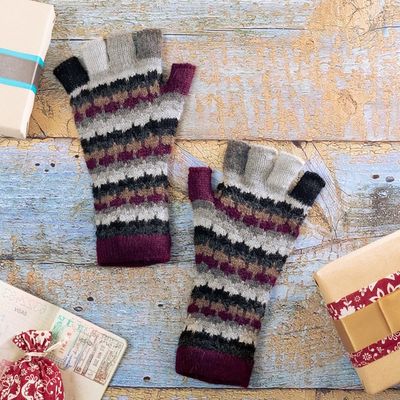 Alternate image for Knit Purple Black Grey 100 Baby Alpaca Fingerless Gloves Plum Colorful Life