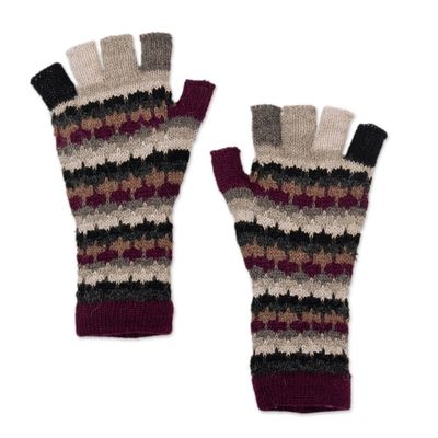 Alternate image for Knit Purple Black Grey 100 Baby Alpaca Fingerless Gloves Plum Colorful Life