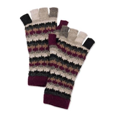 Alternate image for Knit Purple Black Grey 100 Baby Alpaca Fingerless Gloves Plum Colorful Life