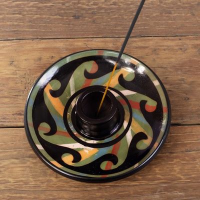 Alternate image for Handcrafted Wavy-Patterned Round Ceramic Incense Holder Ancestral Waves