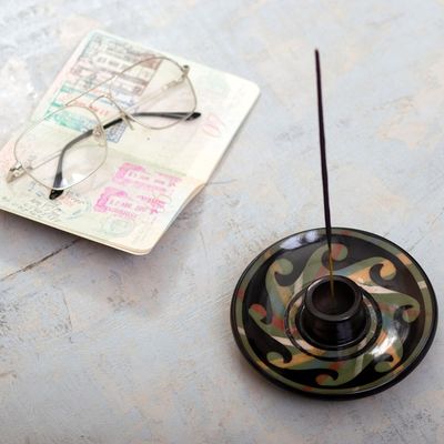 Alternate image for Handcrafted Wavy-Patterned Round Ceramic Incense Holder Ancestral Waves