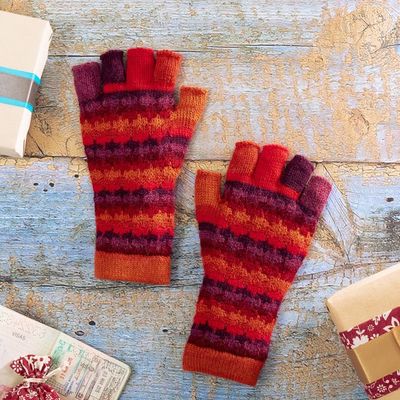 Alternate image for Knit Red Brown and Purple 100 Baby Alpaca Fingerless Gloves Red Vibes