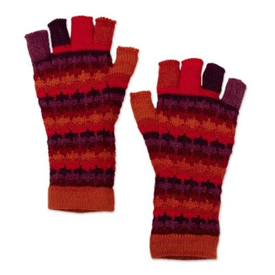 Alternate image for Knit Red Brown and Purple 100 Baby Alpaca Fingerless Gloves Red Vibes