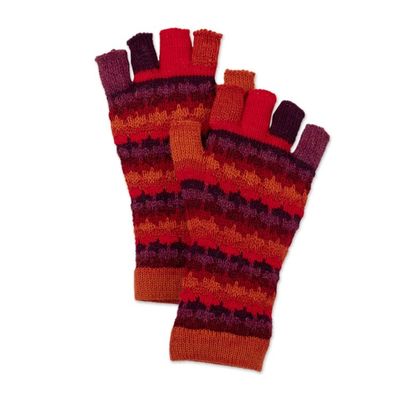 Alternate image for Knit Red Brown and Purple 100 Baby Alpaca Fingerless Gloves Red Vibes