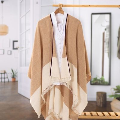 Alternate image for Fringed and Suede Trimmed Baby Alpaca Ruana in Brown White Dreamy Dunes