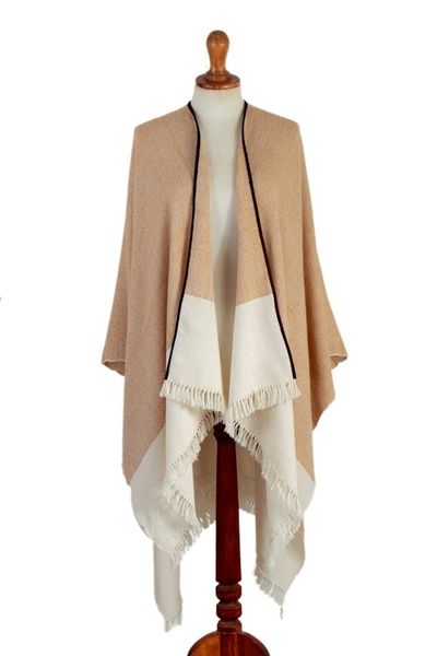 Alternate image for Fringed and Suede Trimmed Baby Alpaca Ruana in Brown White Dreamy Dunes