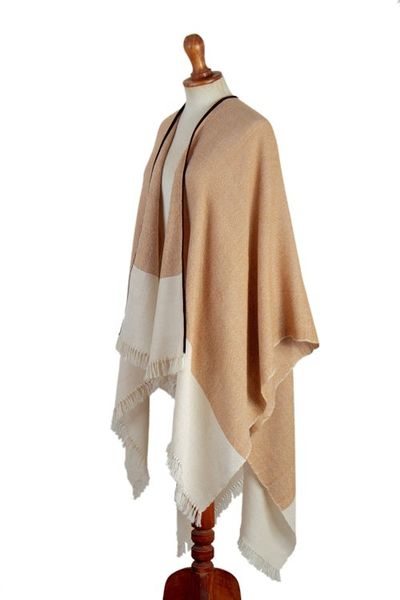 Alternate image for Fringed and Suede Trimmed Baby Alpaca Ruana in Brown White Dreamy Dunes