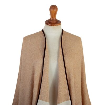 Alternate image for Fringed and Suede Trimmed Baby Alpaca Ruana in Brown White Dreamy Dunes