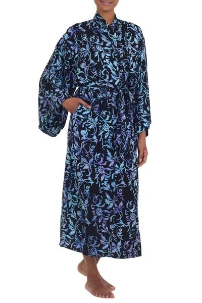 Alternate image for Rayon Black Long Robe with Blue Purple Batik Floral Print Twilight Roses