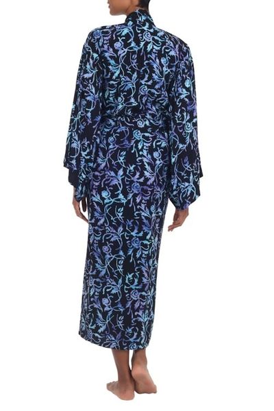 Alternate image for Rayon Black Long Robe with Blue Purple Batik Floral Print Twilight Roses