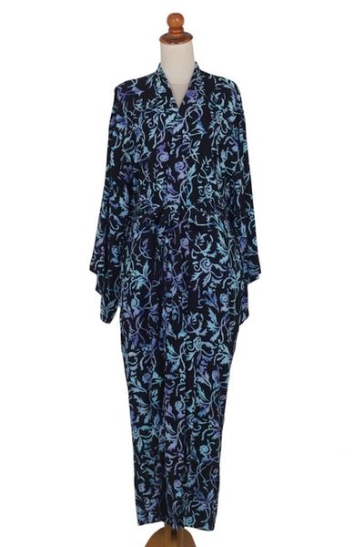 Alternate image for Rayon Black Long Robe with Blue Purple Batik Floral Print Twilight Roses