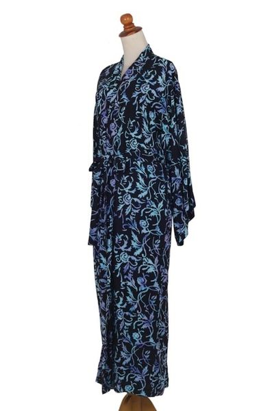 Alternate image for Rayon Black Long Robe with Blue Purple Batik Floral Print Twilight Roses