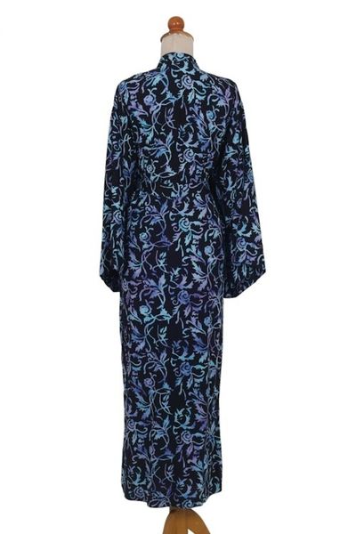 Alternate image for Rayon Black Long Robe with Blue Purple Batik Floral Print Twilight Roses