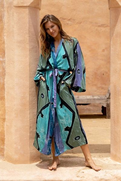Alternate image for Womens batik robe Short Seaside Blue