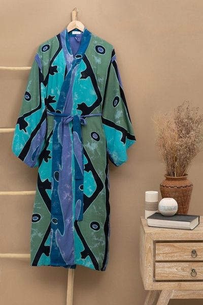 Alternate image for Womens batik robe Short Seaside Blue