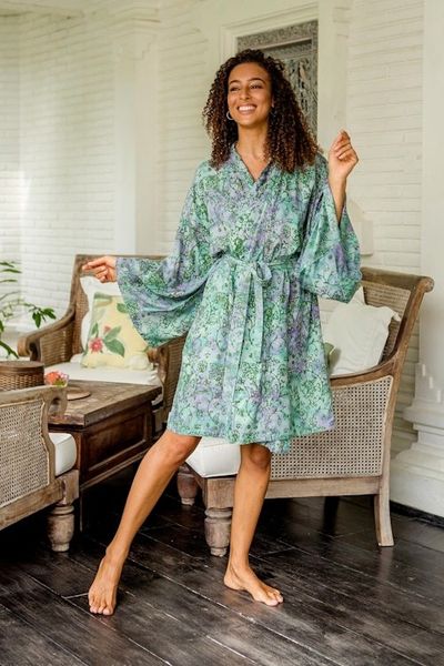 Alternate image for Hand-Painted Tie-Dye Rayon Robe Green Gardens