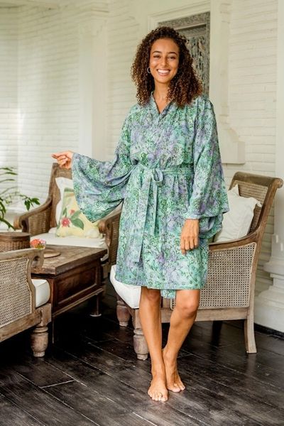 Alternate image for Hand-Painted Tie-Dye Rayon Robe Green Gardens