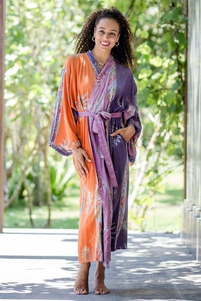 Alternate image for Hand-Stamped Batik Robe with Chakra Motif Dusky Sunrise