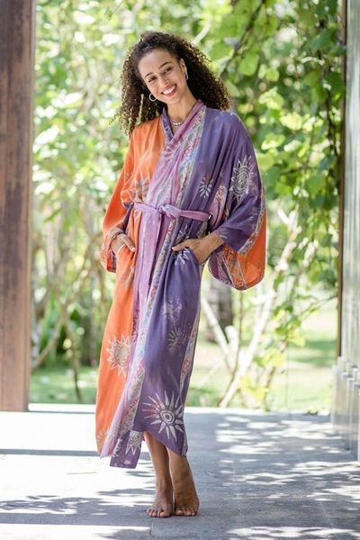Alternate image for Hand-Stamped Batik Robe with Chakra Motif Dusky Sunrise