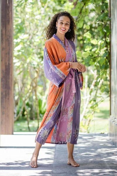 Alternate image for Hand-Stamped Batik Robe with Chakra Motif Dusky Sunrise