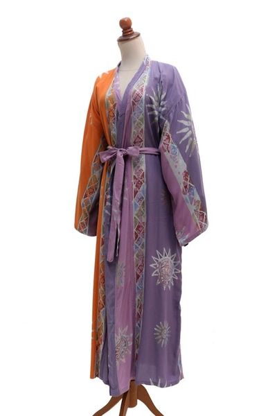 Alternate image for Hand-Stamped Batik Robe with Chakra Motif Dusky Sunrise