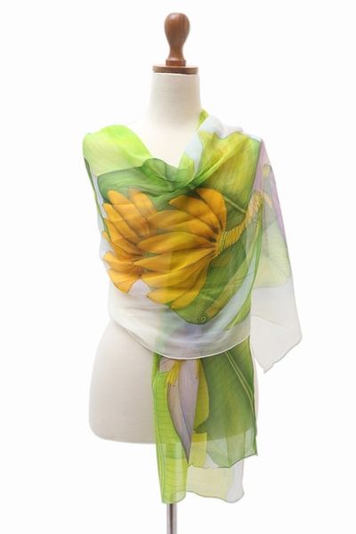 Alternate image for Hand-Painted Silk Chiffon Banana-Themed Shawl Banana Bunch