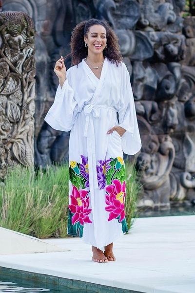 Alternate image for White Floral Hand Painted Rayon Robe Beautiful Flowers in White