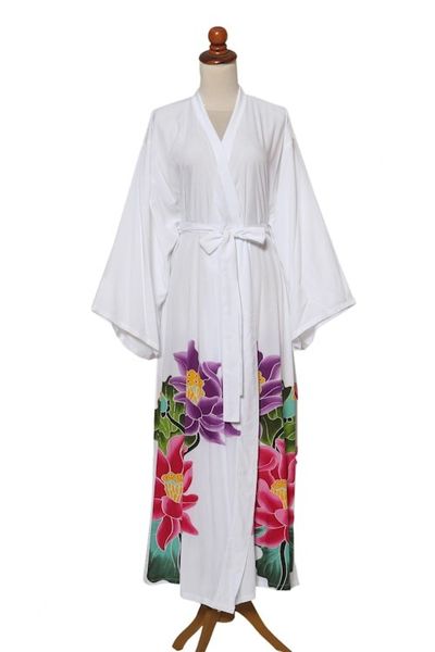 Alternate image for White Floral Hand Painted Rayon Robe Beautiful Flowers in White