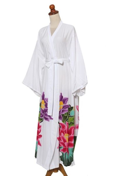 Alternate image for White Floral Hand Painted Rayon Robe Beautiful Flowers in White