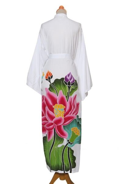 Alternate image for White Floral Hand Painted Rayon Robe Beautiful Flowers in White