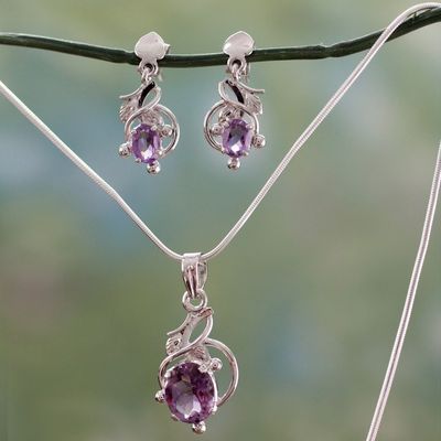 Alternate image for Amethyst Jewelry Set Sterling Silver Necklace Earrings Wisteria