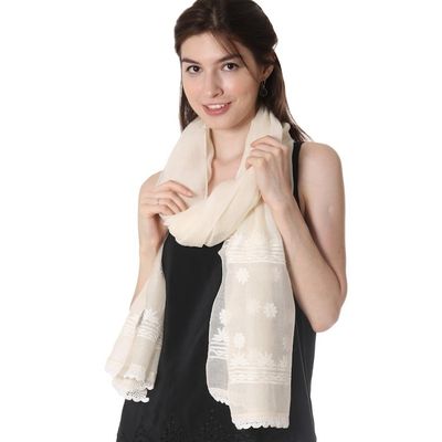 Alternate image for Warm White Embroidered Sheer Cotton and Silk Blend Shawl Classic Beauty