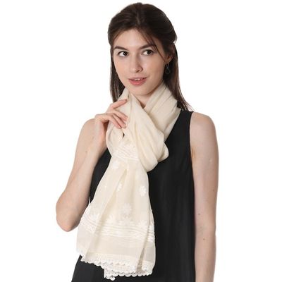 Alternate image for Warm White Embroidered Sheer Cotton and Silk Blend Shawl Classic Beauty